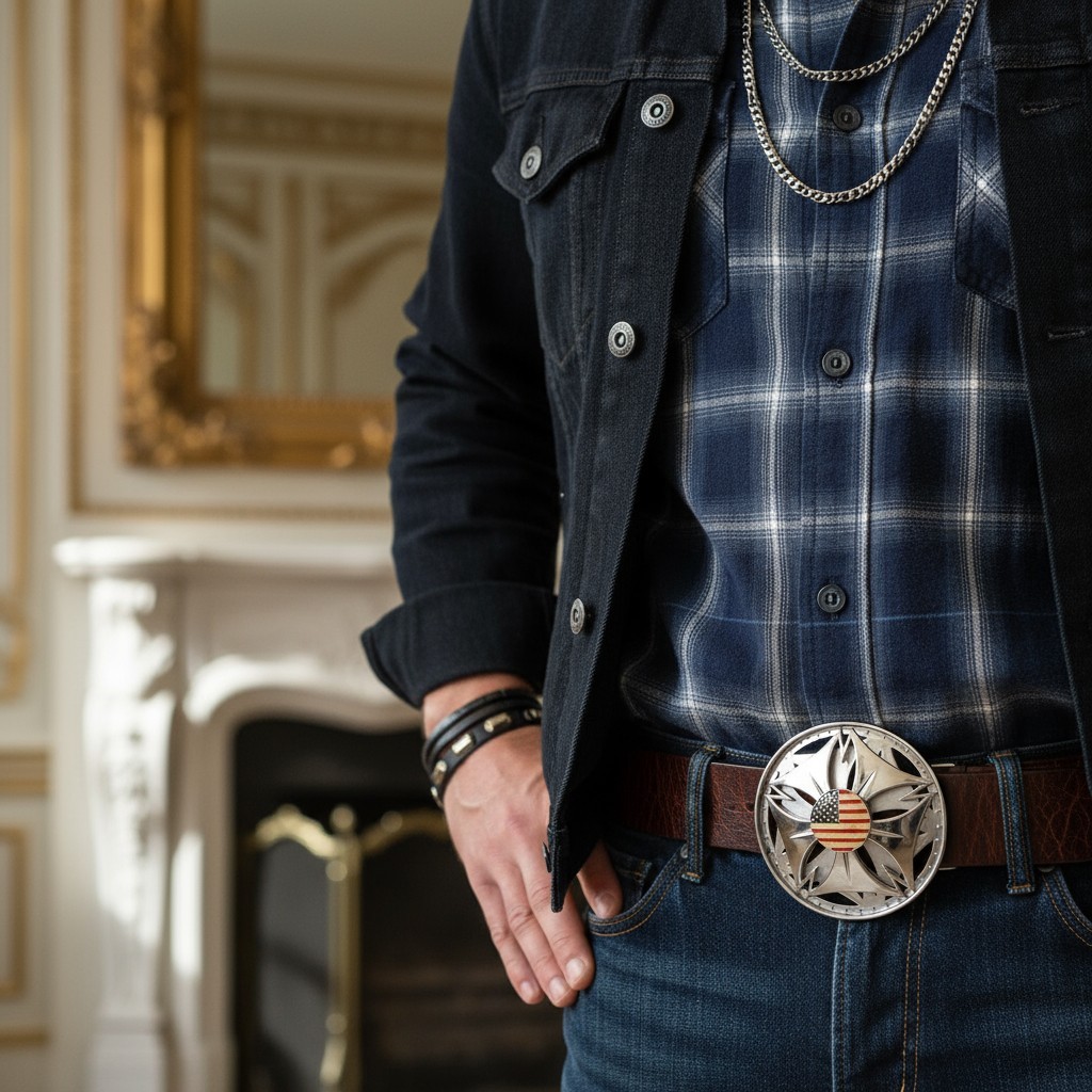 NEW Men Women Silver Metal Fashion Buckle USA Flag Spinning United State America