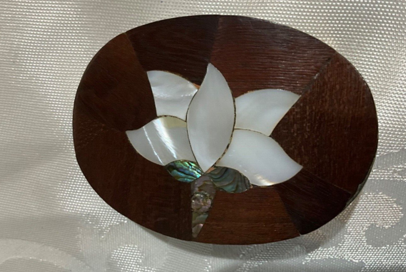 Belt Buckle VTG Mexico Metal Red Rose Wood Mother of Pearl Inlaid