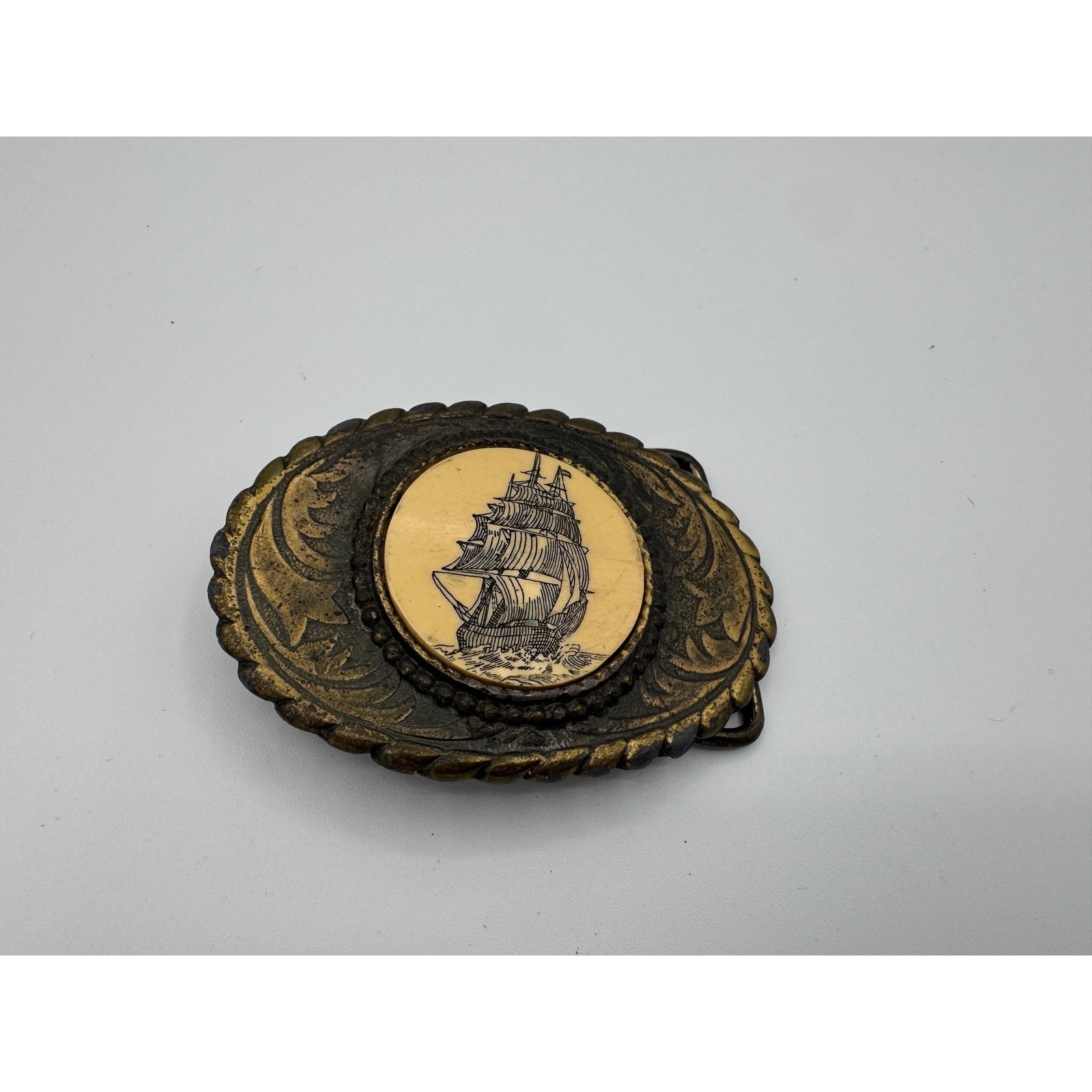 Vintage Oden Inc Brass Nautical Tall Ship Belt Buckle Oval Scrimshaw Style