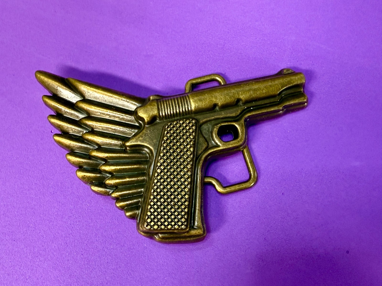 Winged Gun Flying Pistol Handgun Figural Cutout Brass Tone 4&Prime; Wide Belt Buckle