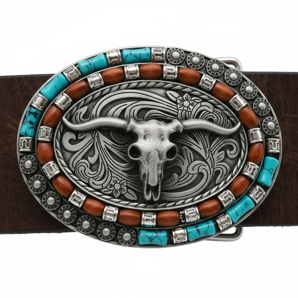 Men Silver Metal Buckle Western Fashion Bull Long Horn Texas Cow Rodeo Statement