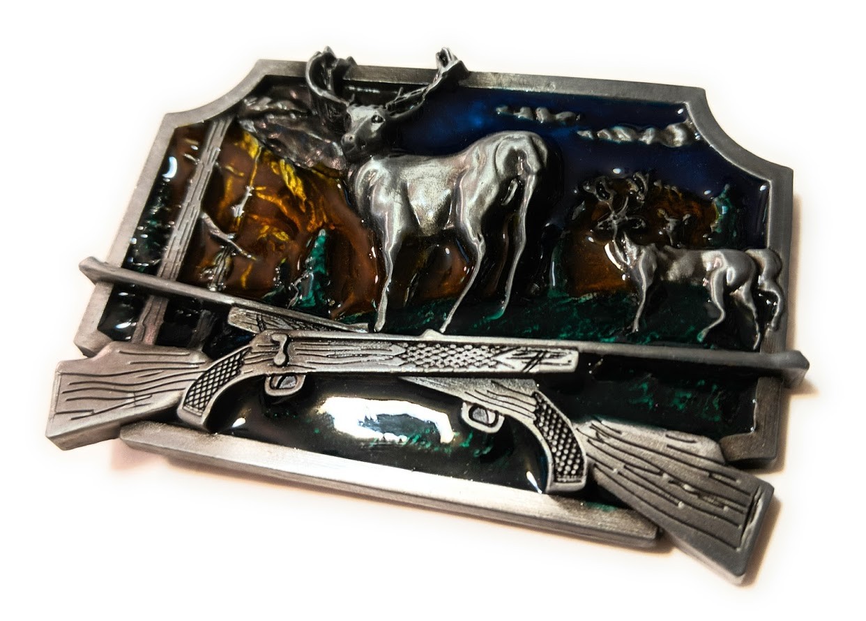 Deer Scenery rifles crossed Belt Buckle Antique silver BG Whitetail hunting USA