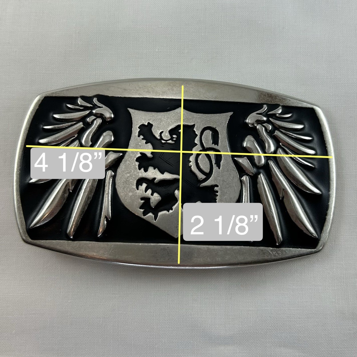 VTG Biker Rampant Lion Crest Shield Design Silver Black Enameled Belt Buckle