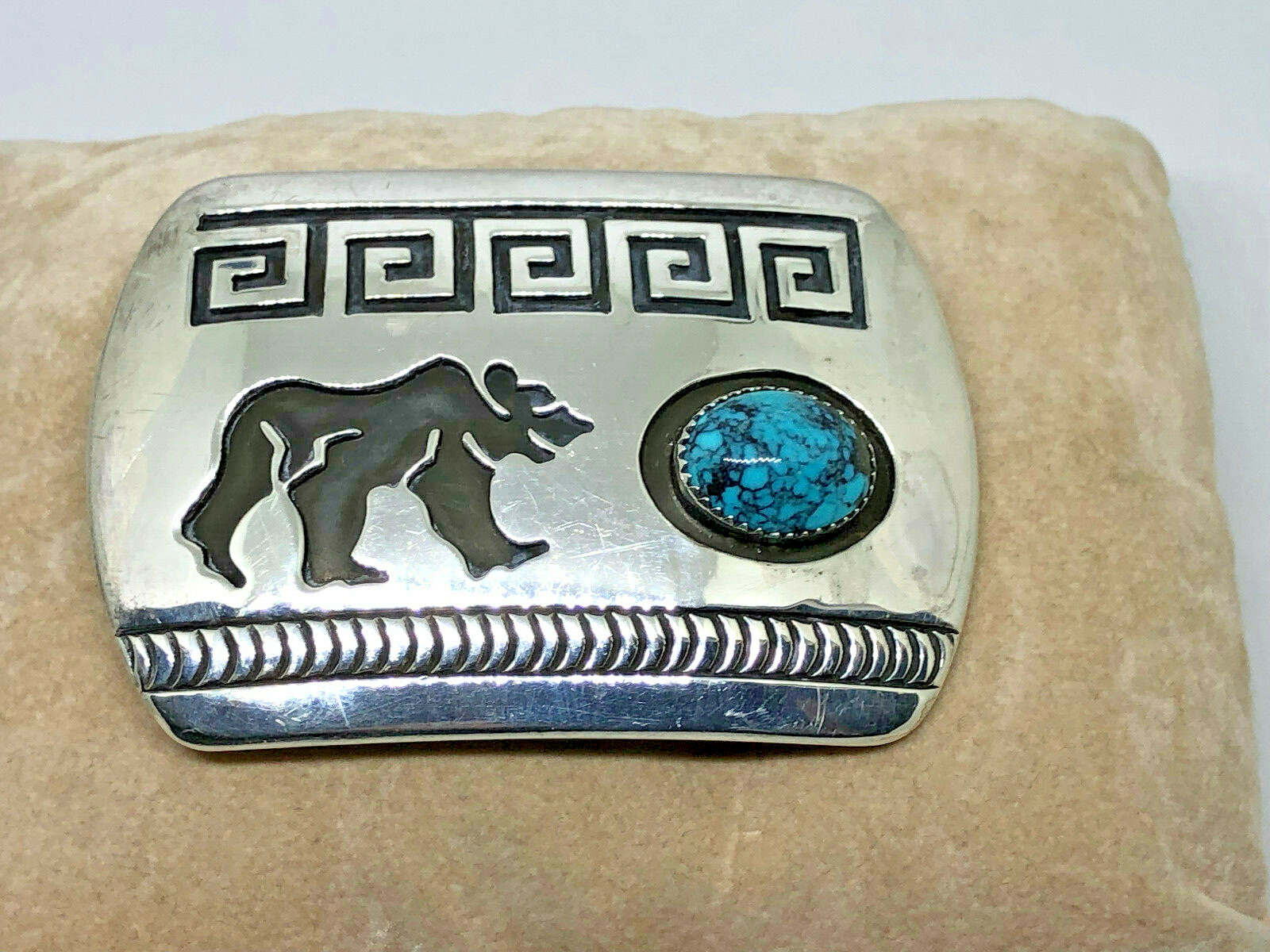 Navajo ~Rosco Scott ~Sterling Silver Overlay Turquoise Bear Belt Buckle – #419