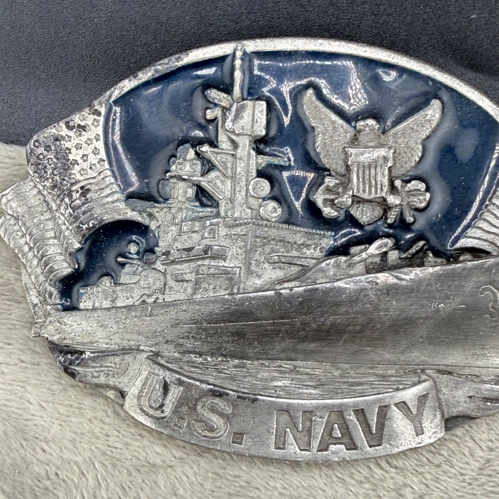Vintage Bergomot Brass Works US Navy Belt Buckle Silver Tone Enamel
