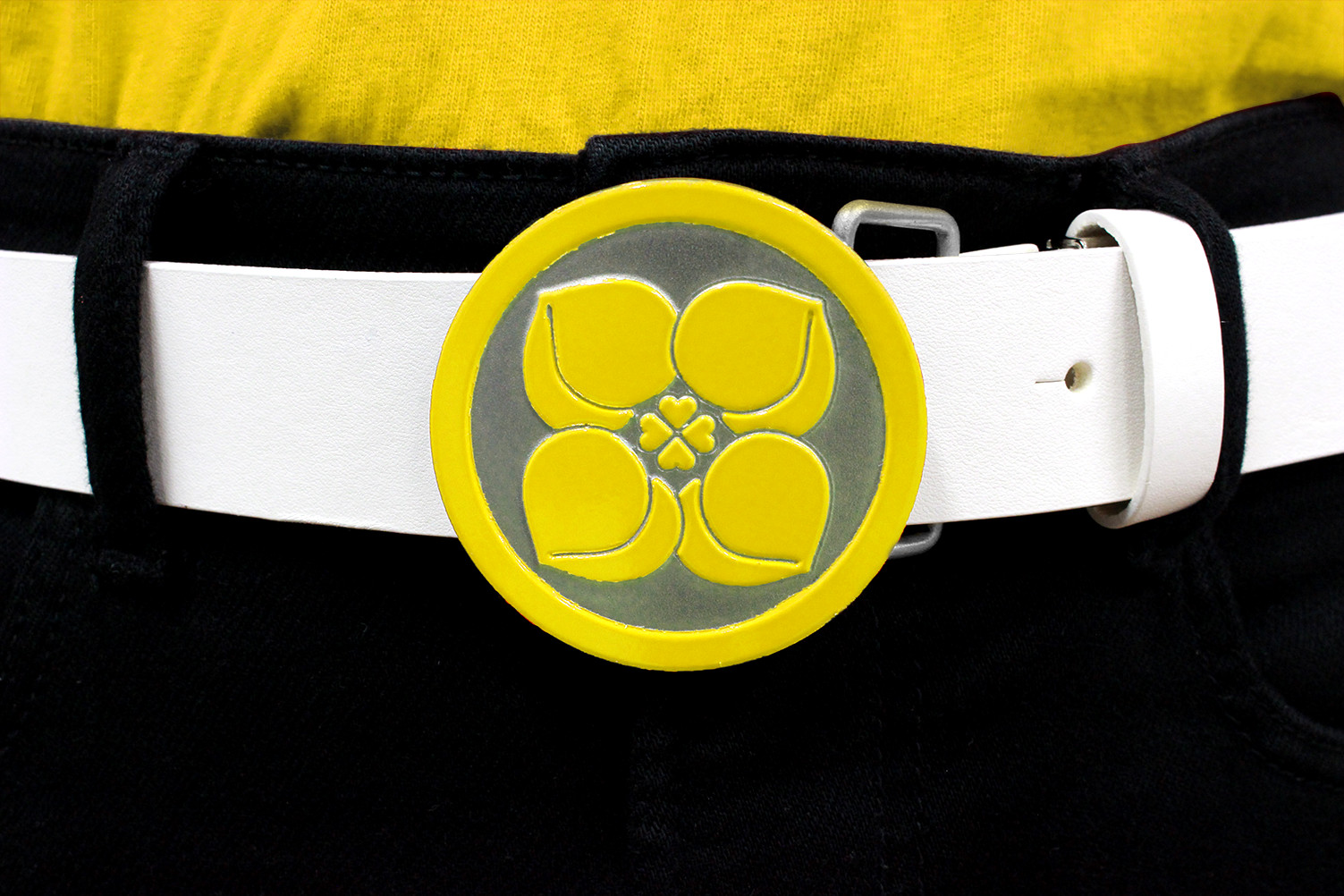 Yellow Silver Buckle White Leather Belt Peach Four Leaf Clover Removable Japan