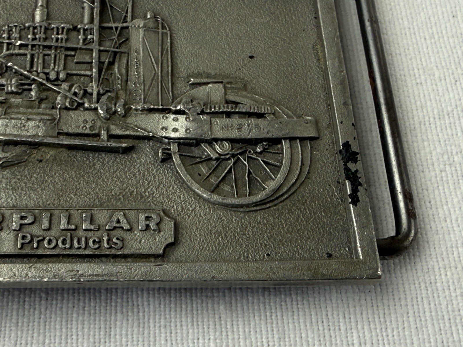 VTG Caterpillar Old Tractor Belt Buckle Rectangle 1975 Pewter 3.5in By 2.25in