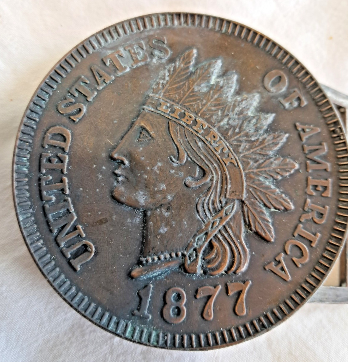 Vintage 1877 Indian Head Penny Belt Buckle Bronze Tone Round Coin Americana 3.75