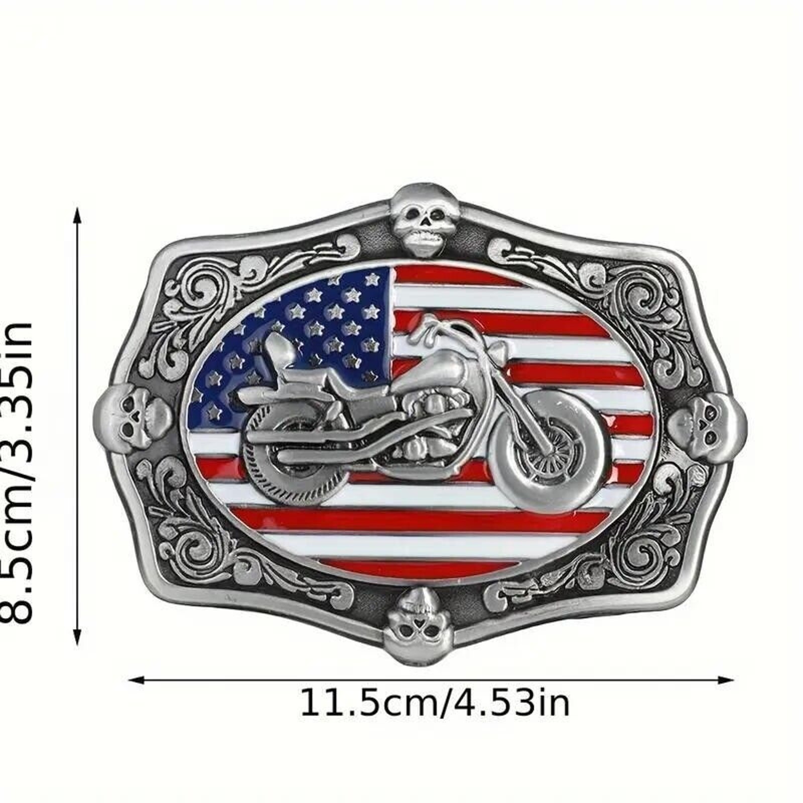 Skulls & V-Twin Motorcycle Belt Buckle • Enameled American Flag Red White Blue