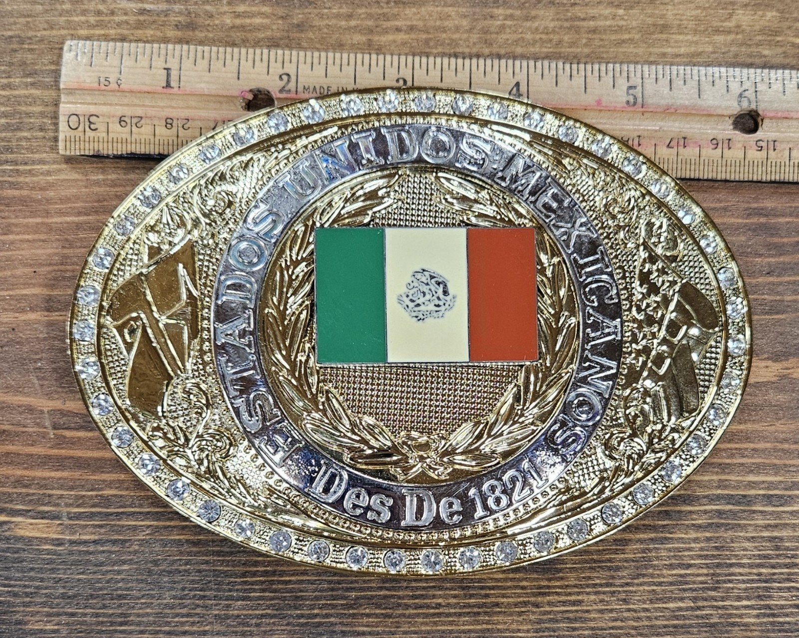 Large Oval Mexican Flag Western Cowboy Belt Buckle; Estados Unidos Mexicanos
