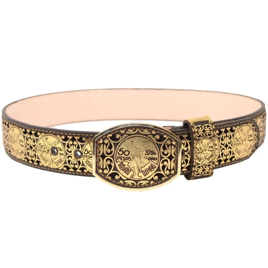 Genuine Laser Cut Leather Centenario Western Belt with Removable Buckle – Gold