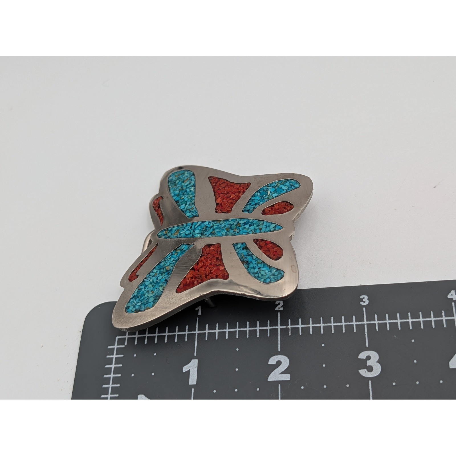 Unisex Belt Buckle OS Butterfly Turquoise Coral Chip Inlay
