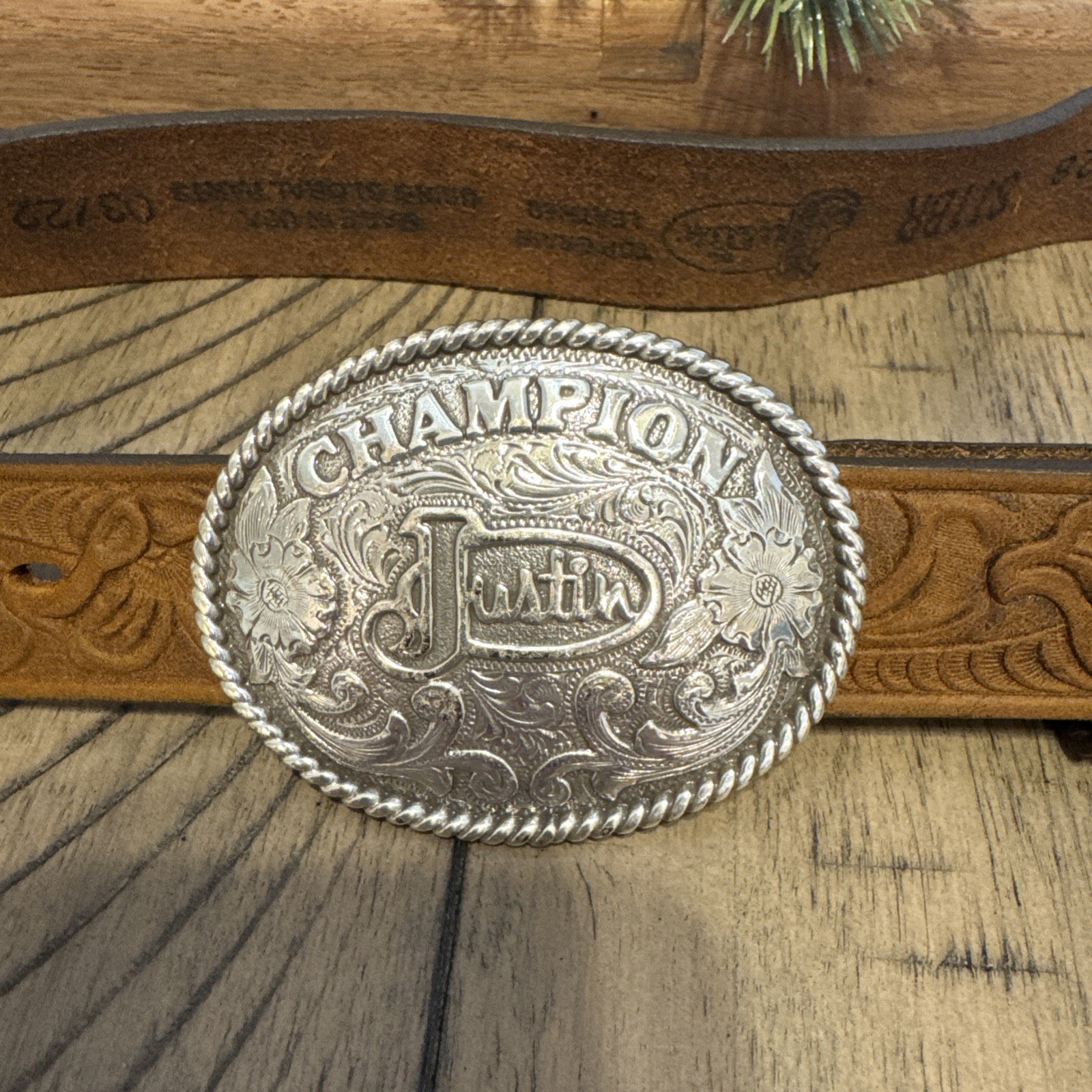 Justin Leather Belt Size 28 Brown Tooled Champion Buckle Western Rodeo