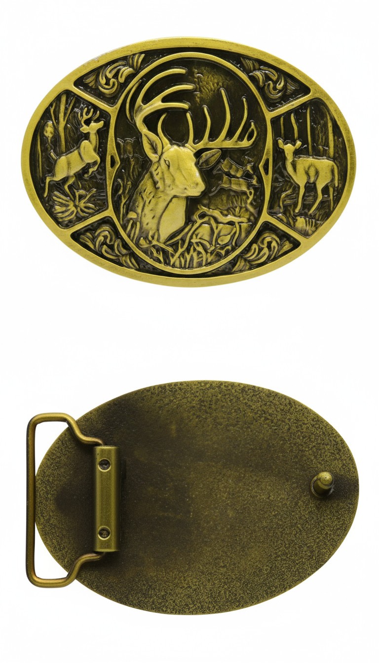 Men Dark Gold Metal Belt Buckle Deer Nature Western Fashion Accessory Day Night