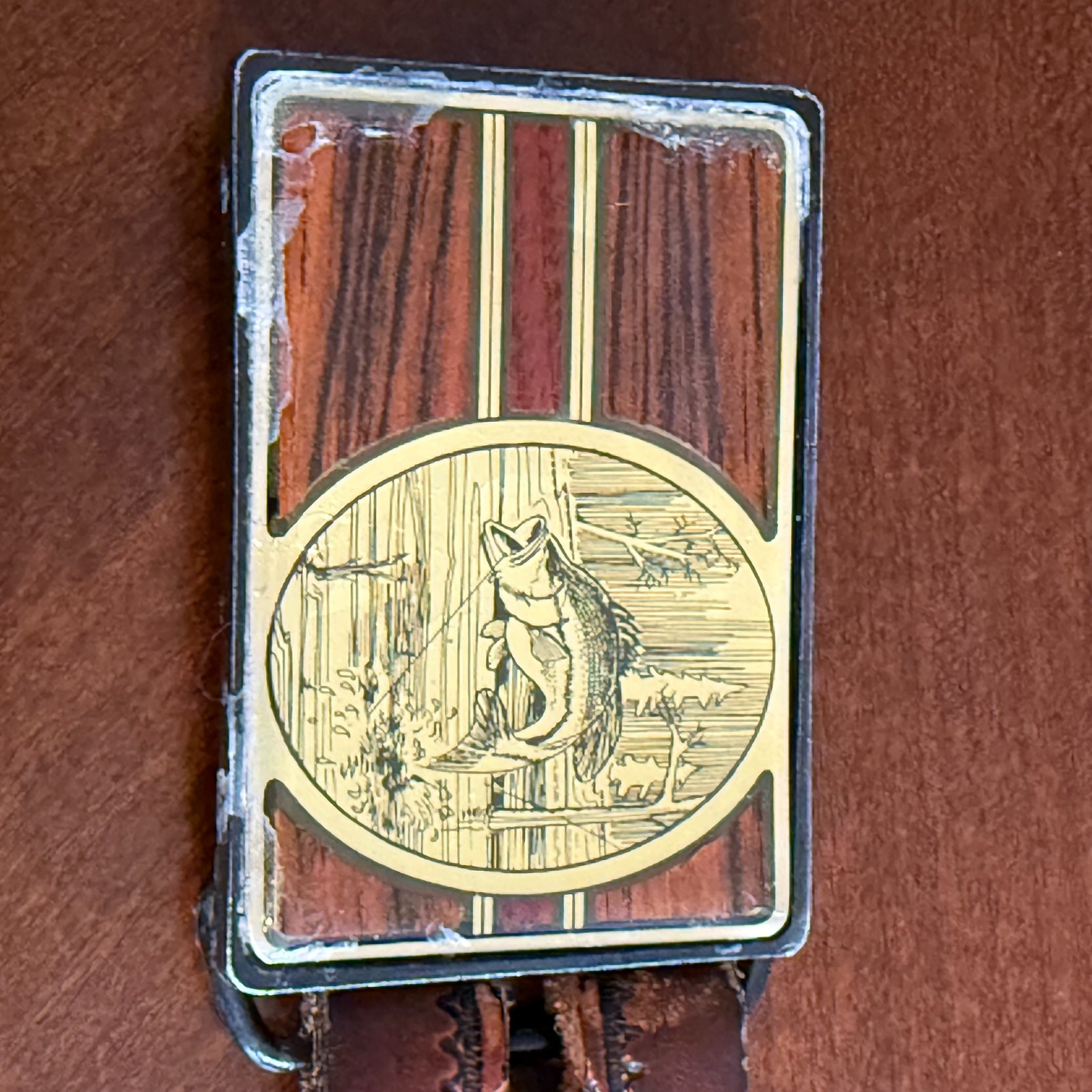 Vtg 1984 NAP Solid Brass Belt Buckle Bass Fish Woodgrain Western USA Leather