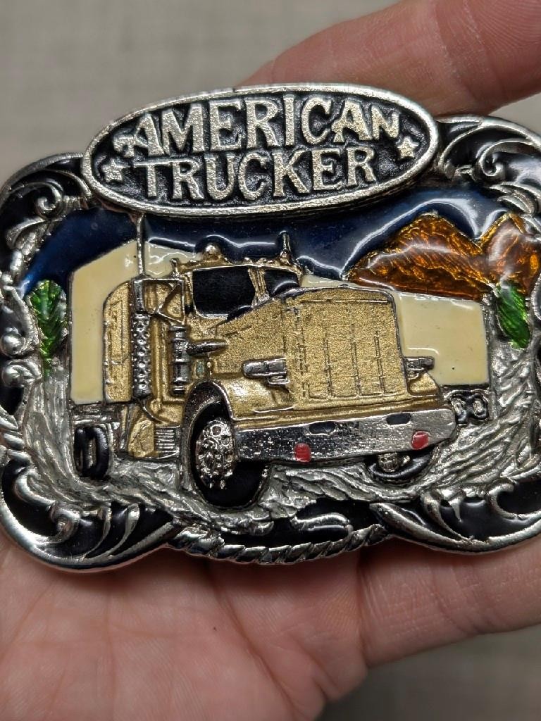 vintage USA made AMERICAN TRUCKER belt buckle SEMI TRUCK brass ENAMEL big rig