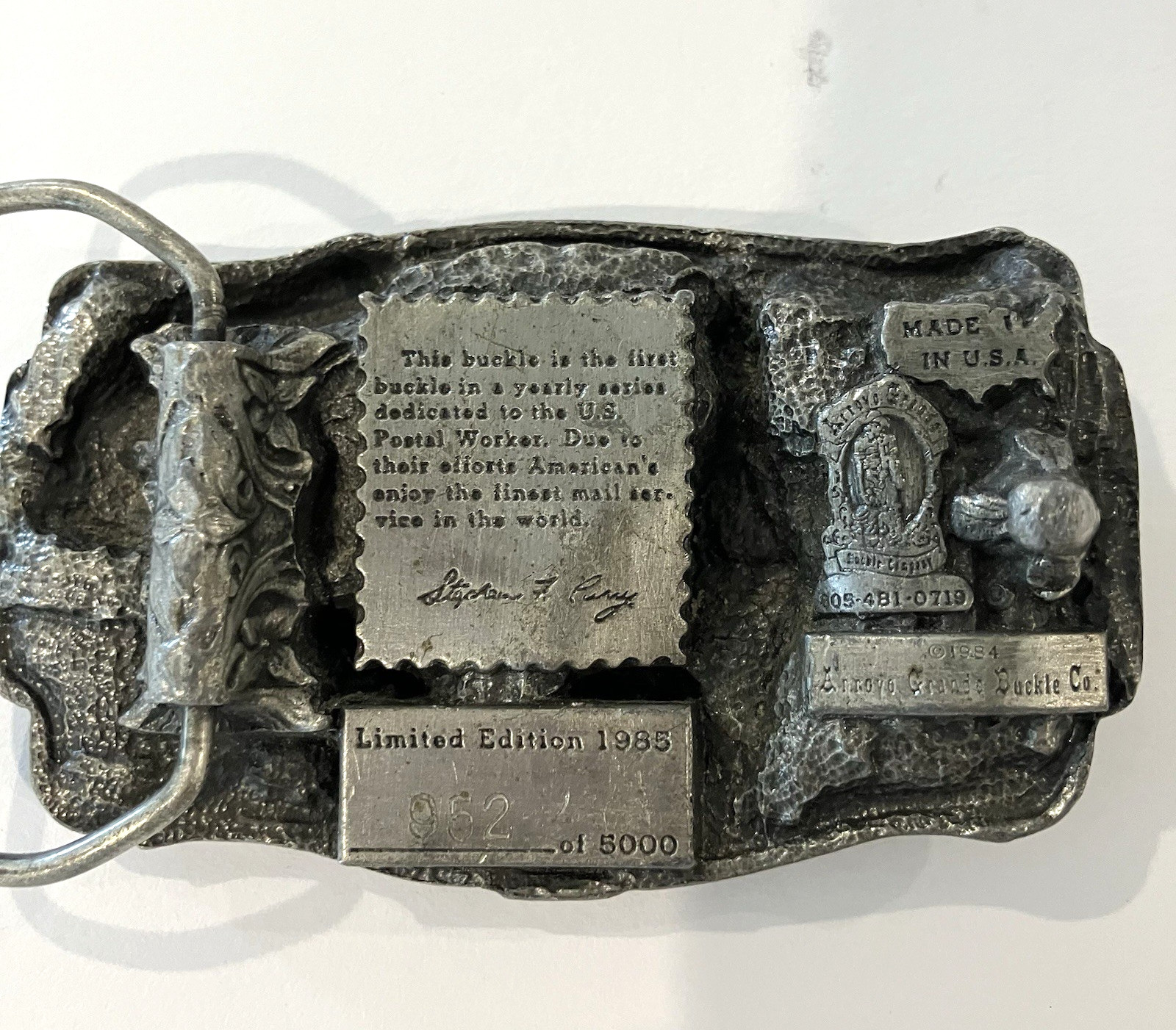 Vintage 1985 Postal Worker Commemorative U.S. Mail Belt Buckle #952 of 5000