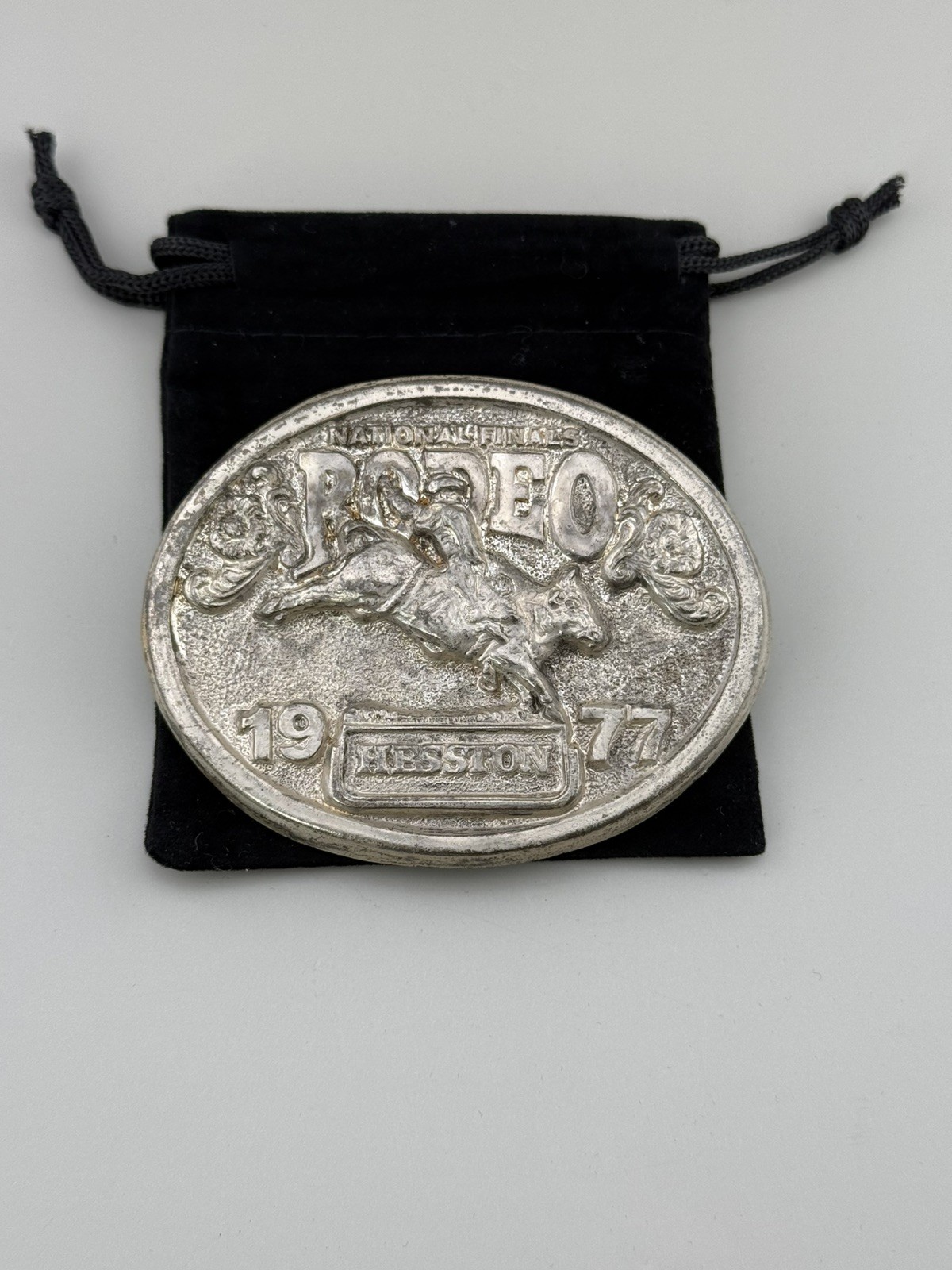1977 Hesston Silver Award 655 NFR Rodeo Belt Buckle Bull Rider Cowboy