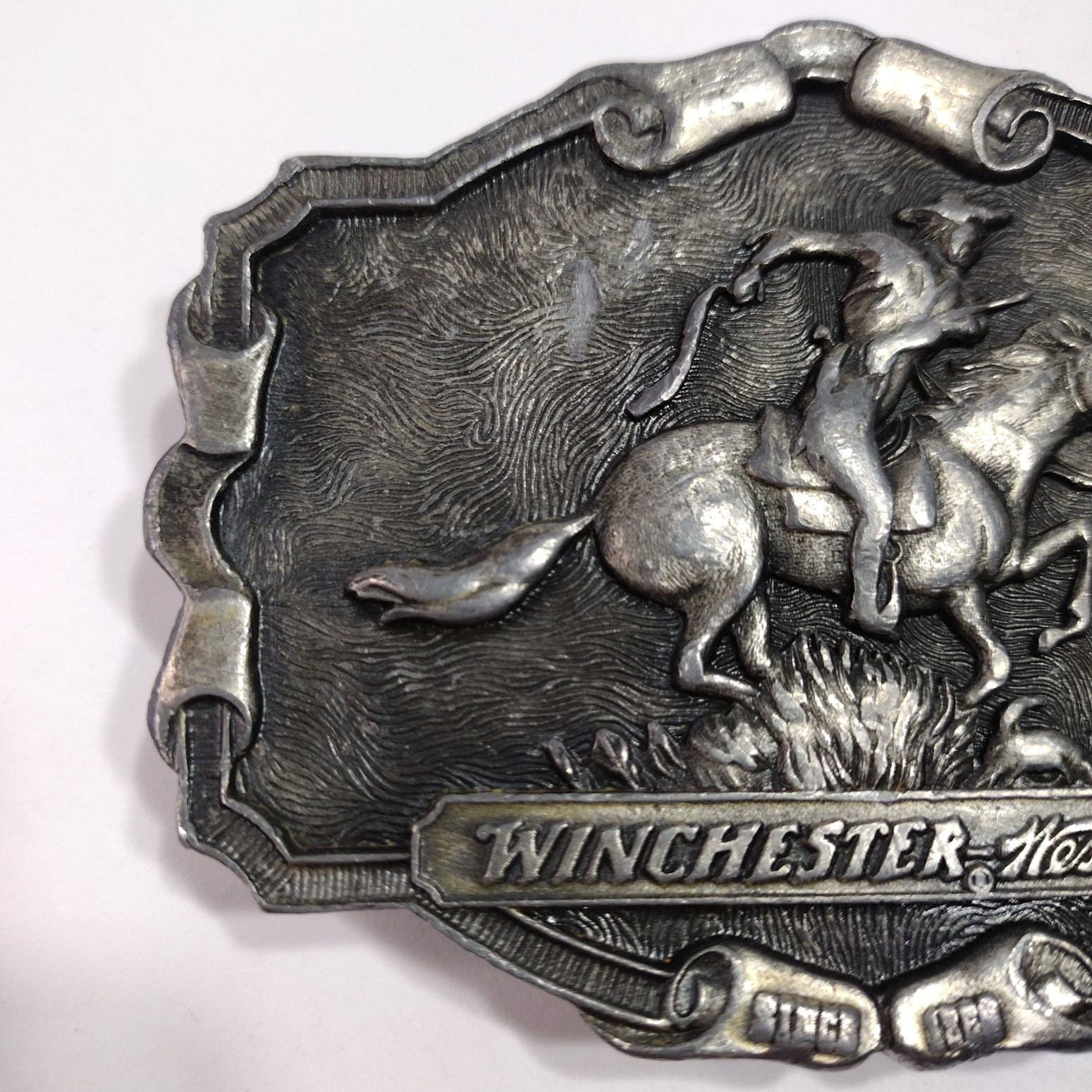 Belt Buckle Winchester Western Pewter Silver Tone Vintage 3.5&Prime; x 2.75&Prime;
