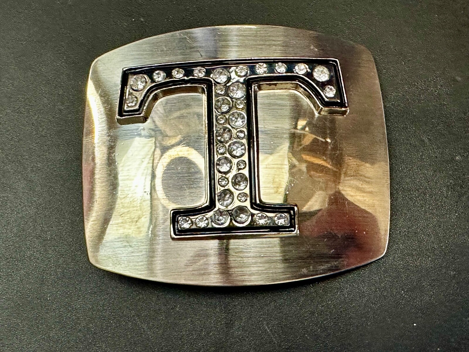 Letter Initial T – Silver color Vintage Belt Buckle – Missing Rhinestone?