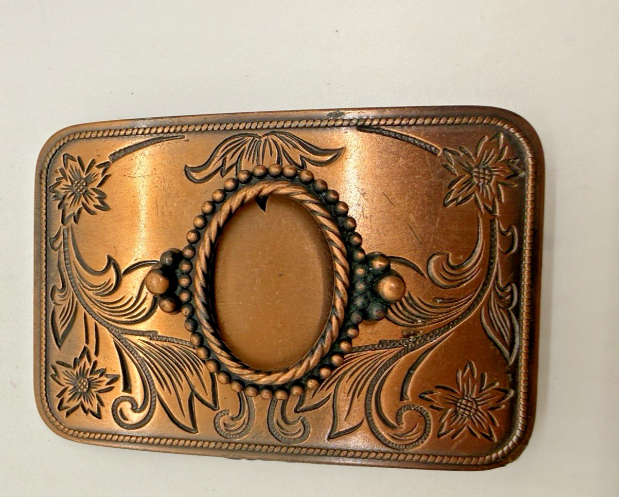 Vintage Western Belt Buckle Engraved Copper Floral Floral Design Cowboy Style
