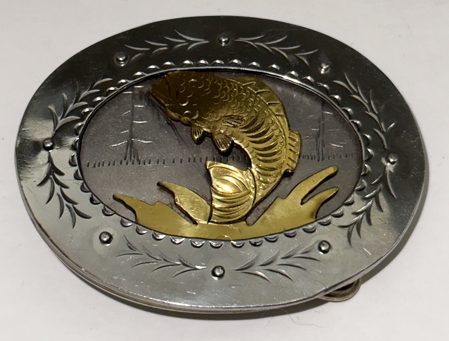 Framed Fish Handmade Stamped & Riveted Belt Buckle with Makers Mark on Back EUC