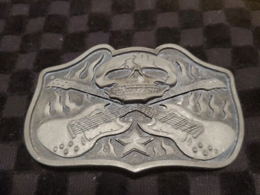 Skull and Flaming Guitars Belt Buckle