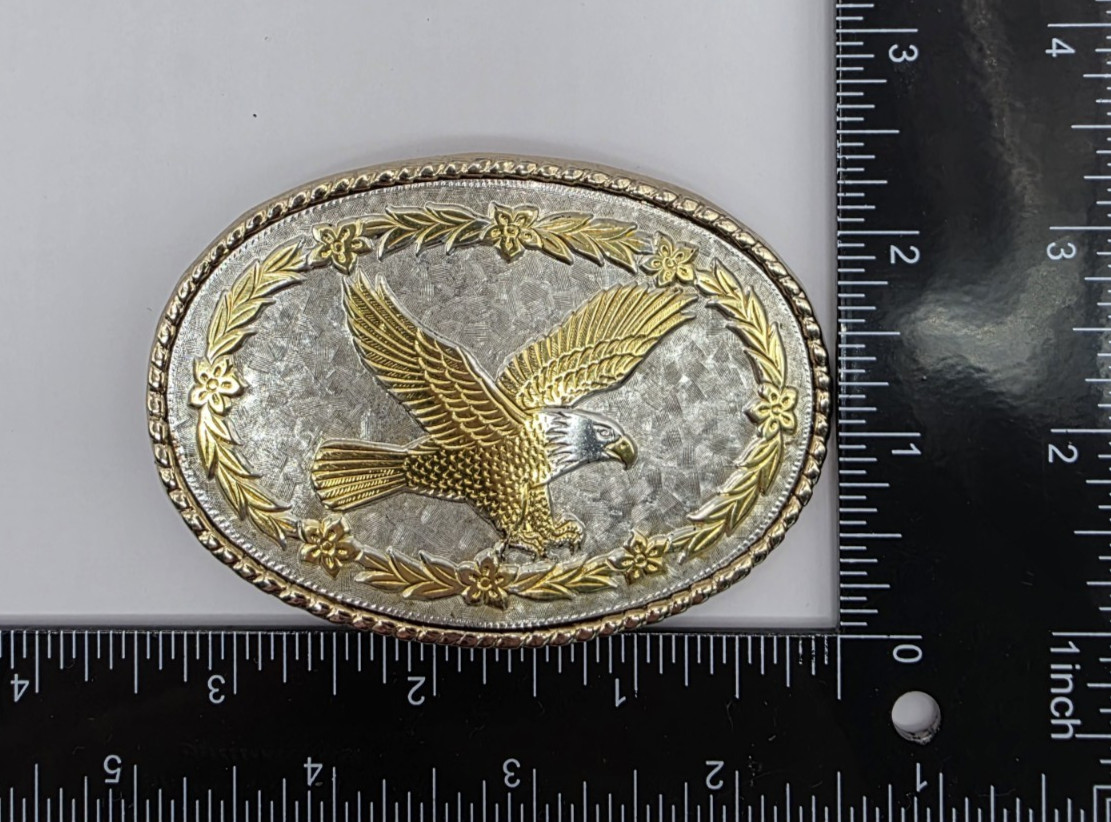 Eagle Belt Buckle Oval Floral Scroll Silver Gold Tone Textured Roped Edges