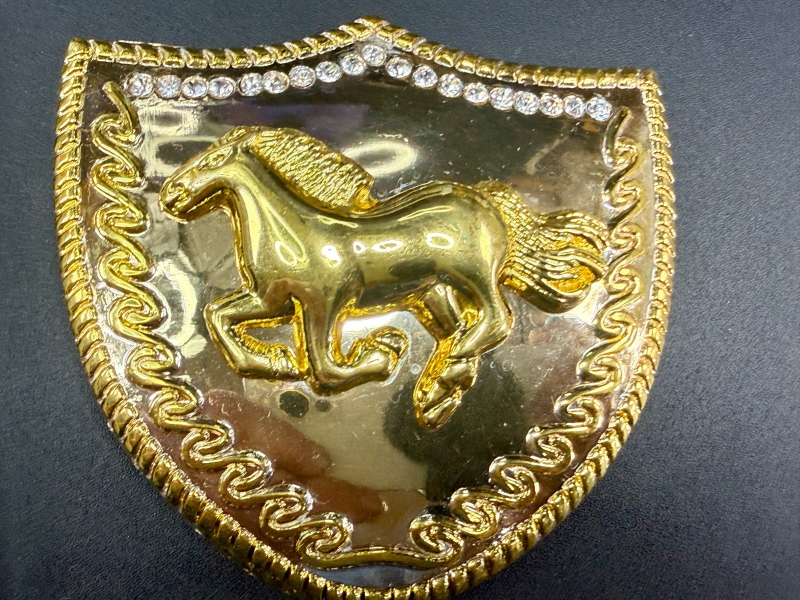 Running Galloping Horse Shield with Sparkling Rhinestones Reflective Belt Buckle