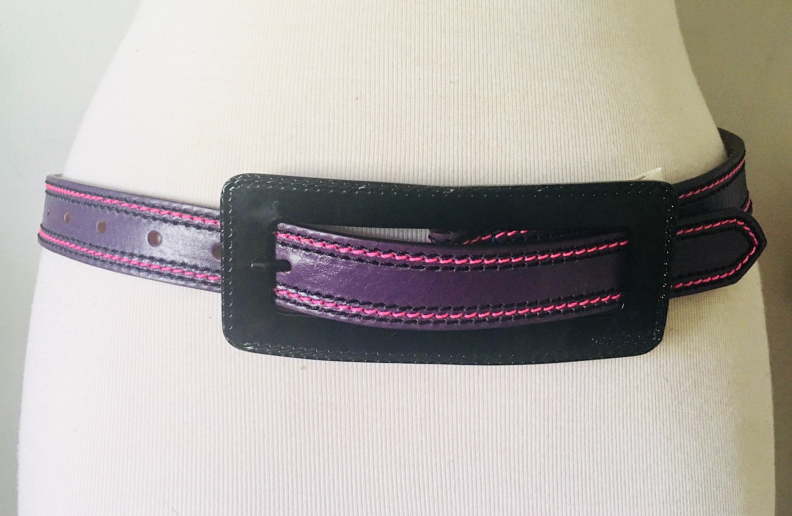 DIESEL: NEW Purple Leather Belt w Pink Stitching & Black Patent Buckle Size 80cm