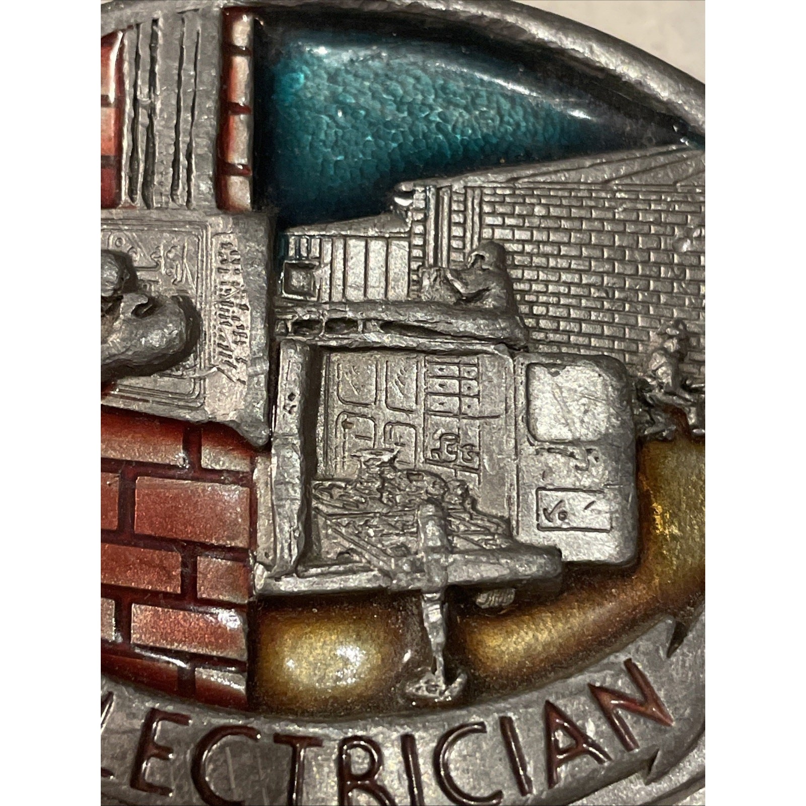 1988 C&J Vintage Electrician Pewter Enamel Belt Buckle 1054 Made USA 3.25×2.5”