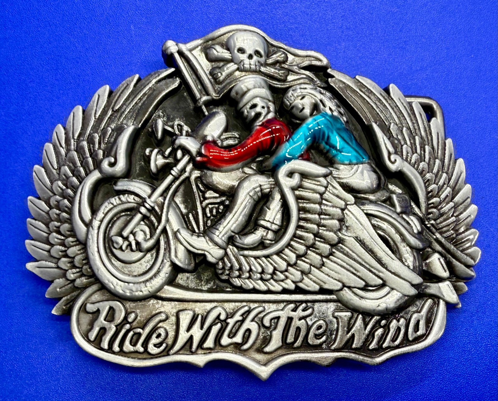 Ride With The Wind Wings Skull Flag Motorcycle Bikers Riders Cutout Belt Buckle