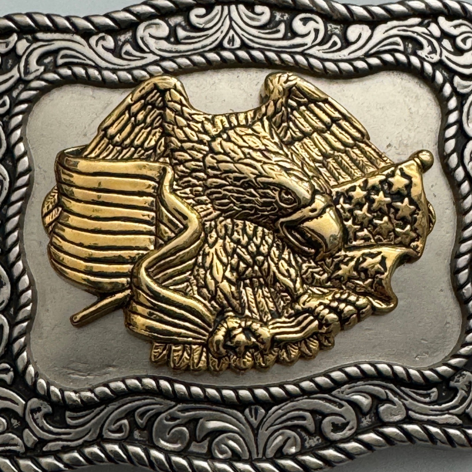 Western Eagle American Flag Belt Buckle Silver Gold Tone Metal Made in Mexico