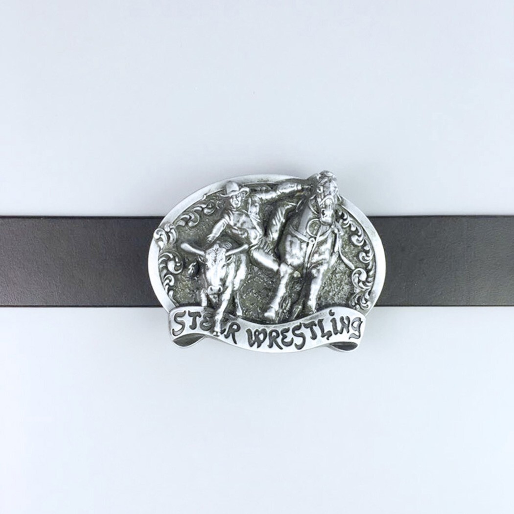 Antique Silver Rodeo Steer Wrestling Western Belt Buckle Boucle de Ceinture