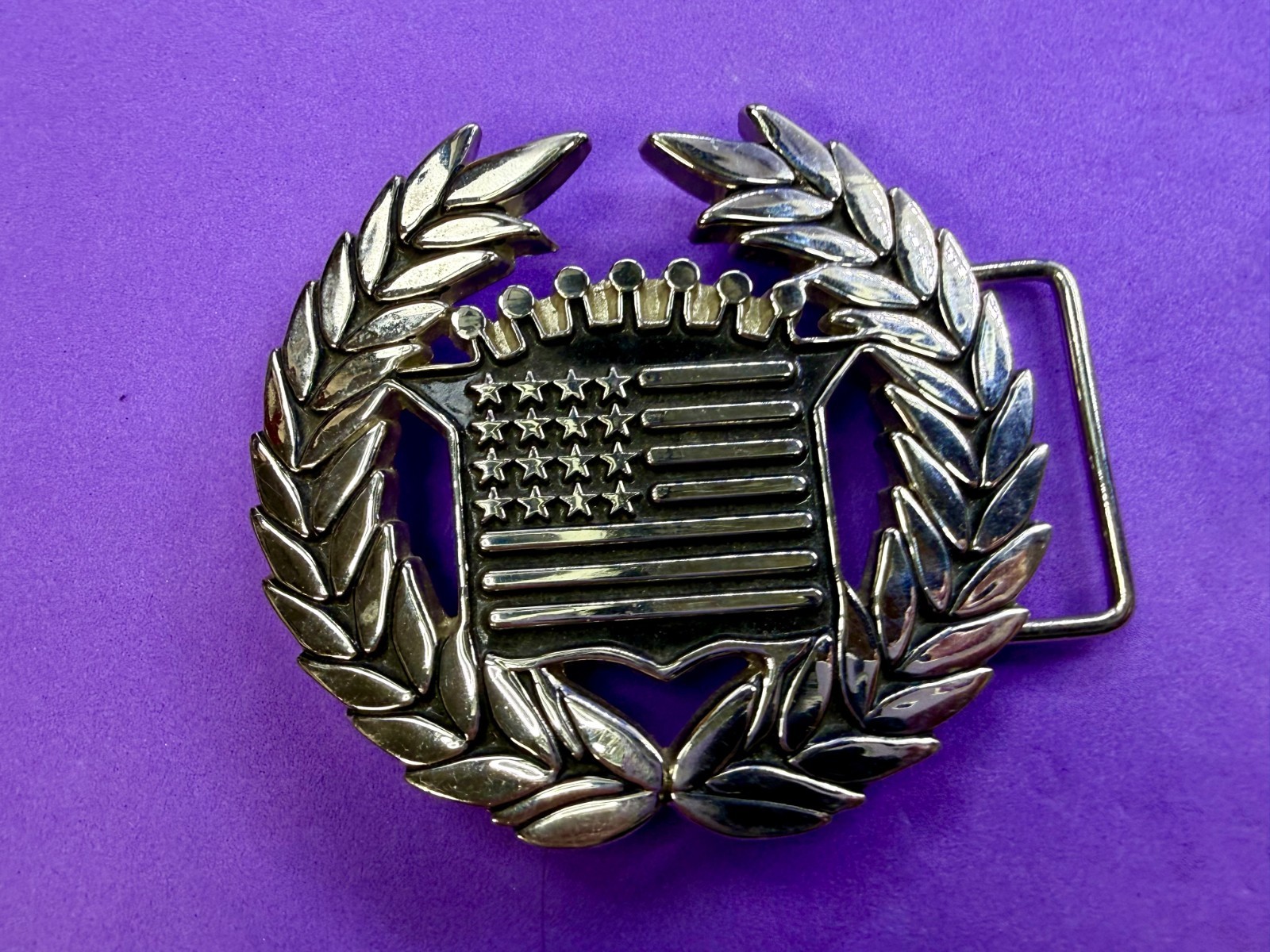 Cadillac Crown Logo Olive Branch Silver Color Famous Stars & Stripes Belt Buckle
