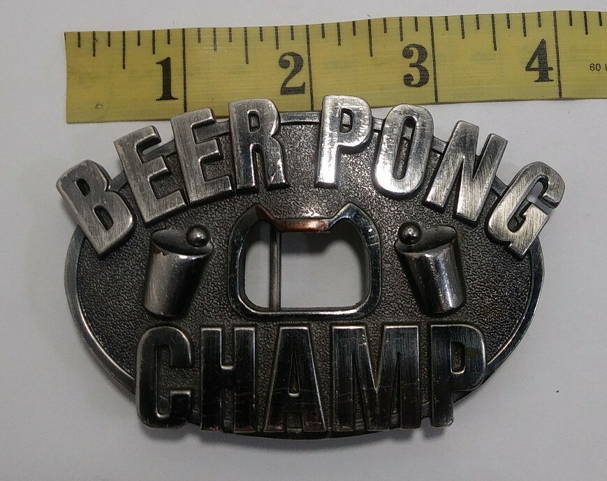 Beer Pong Champ Belt Buckle Bottle Opener Heavy Silvertone Metal Cup Ball Design
