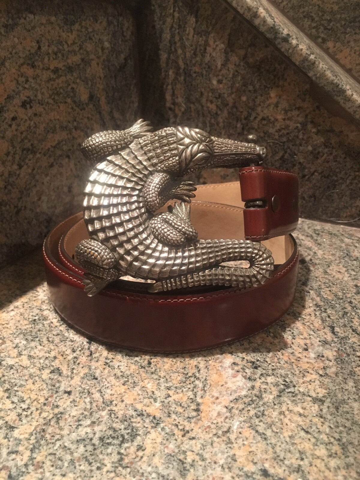 Huge Kieselstein-Cord Sterling Alligator Buckle With Brown Calfskin Belt Size 2