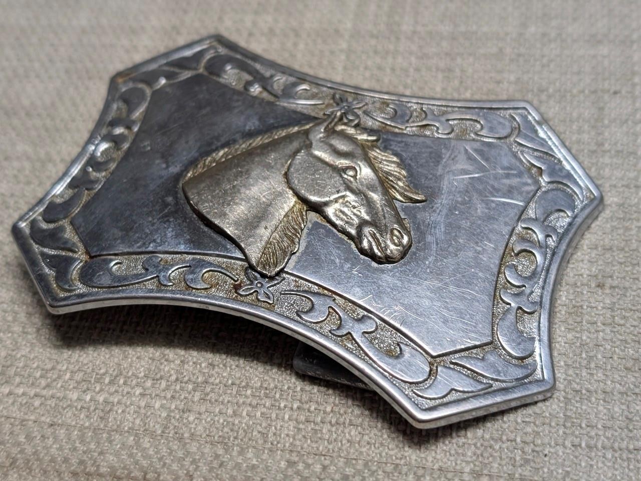 vintage HORSE HEAD belt buckle WESTERN cowboy RODEO chrome metal EQUESTRIAN