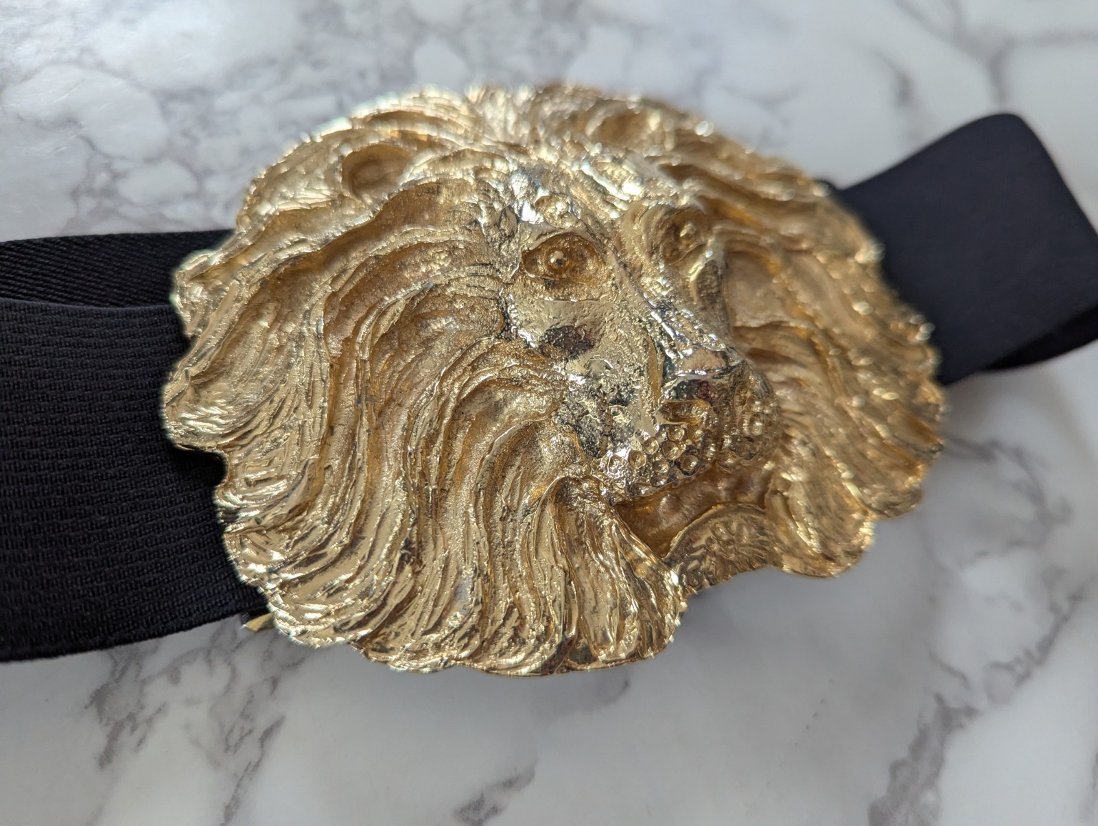 Vintage Lion Head Oversize Gold Metal Belt Buckle Elastic Fashion Belt 80&rsquo;s 90&rsquo;s