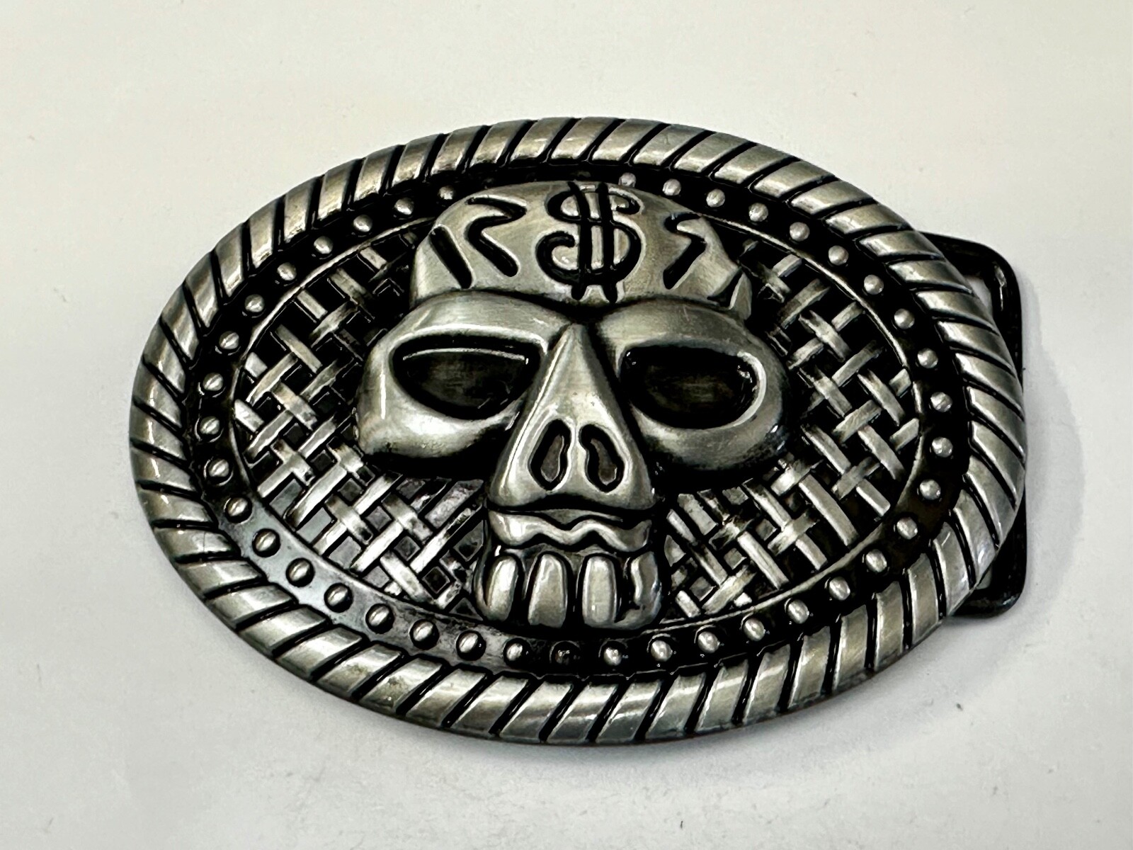 Skull With $ Dollar Sign Halloween Black & Silver Color Gothic Vibe Belt Buckle