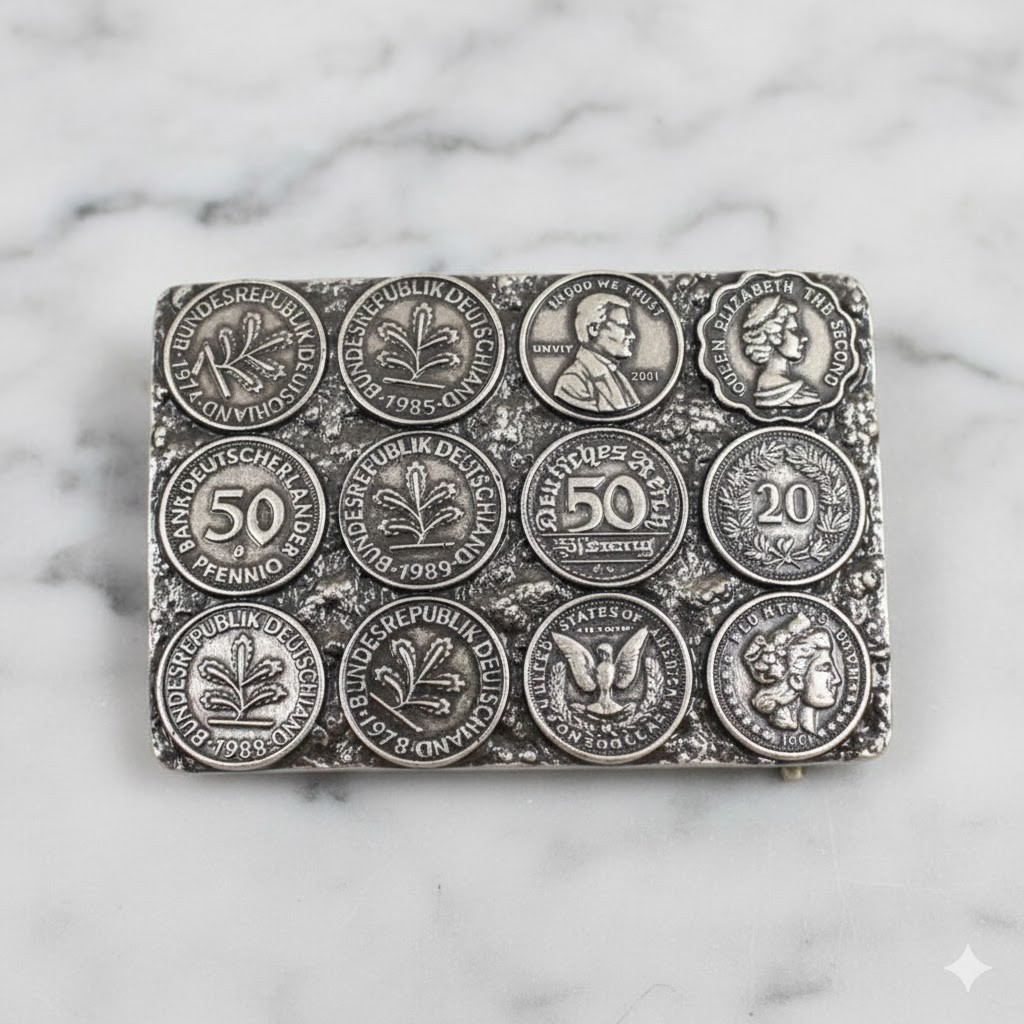 Vintage Belt Buckle with German Penny Coins Motif Metal in Retro Style