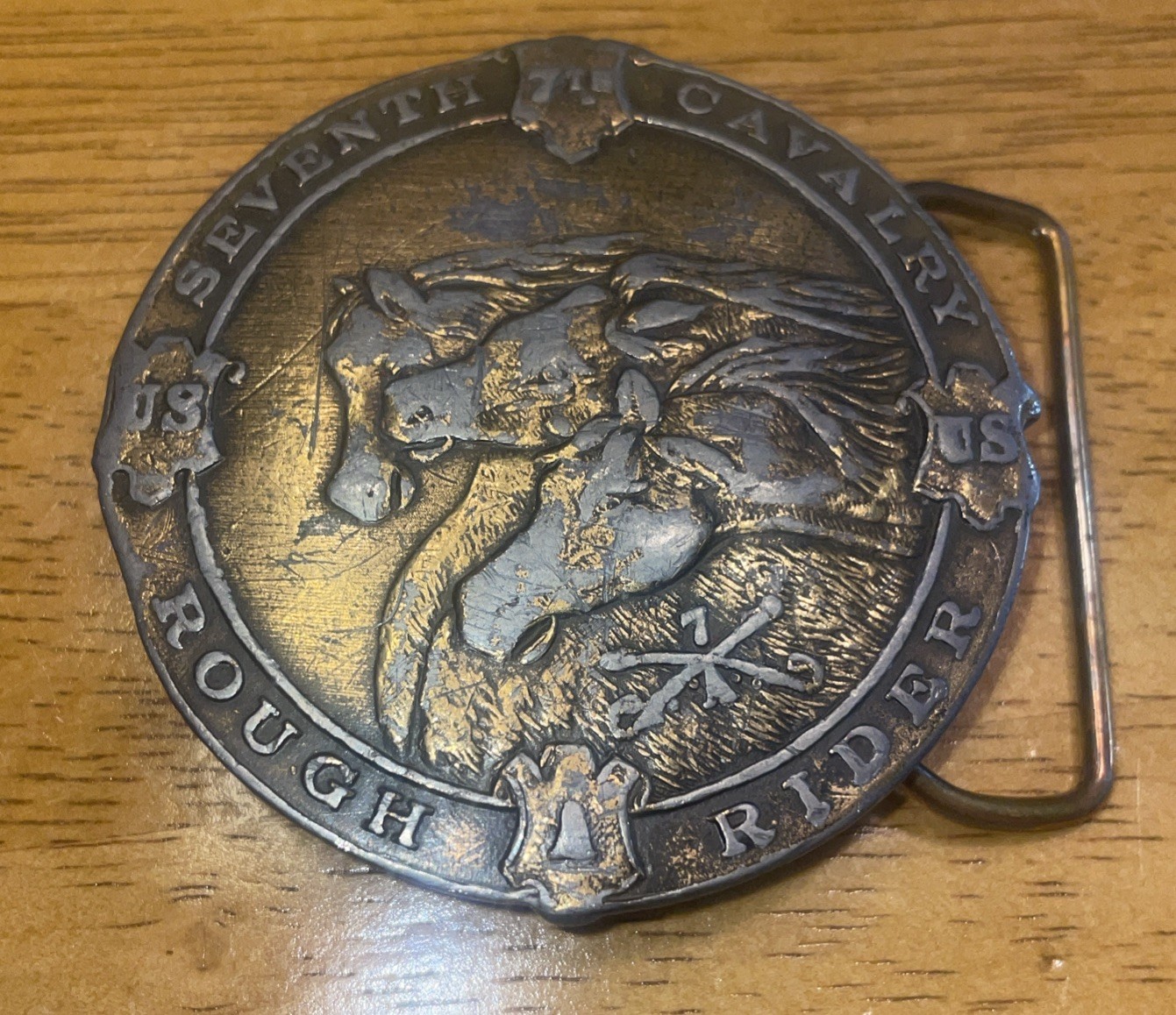 Vintage 1970s Brass Seventh Cavalry Rough Rider Belt Buckle