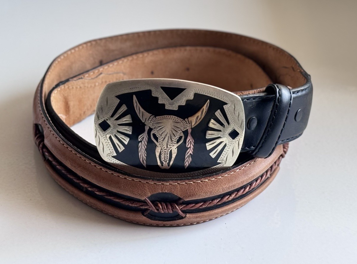 Southwestern Bull Buffalo Skull Cowboy Buckle Leather Justin Fenced Belt Sz 38
