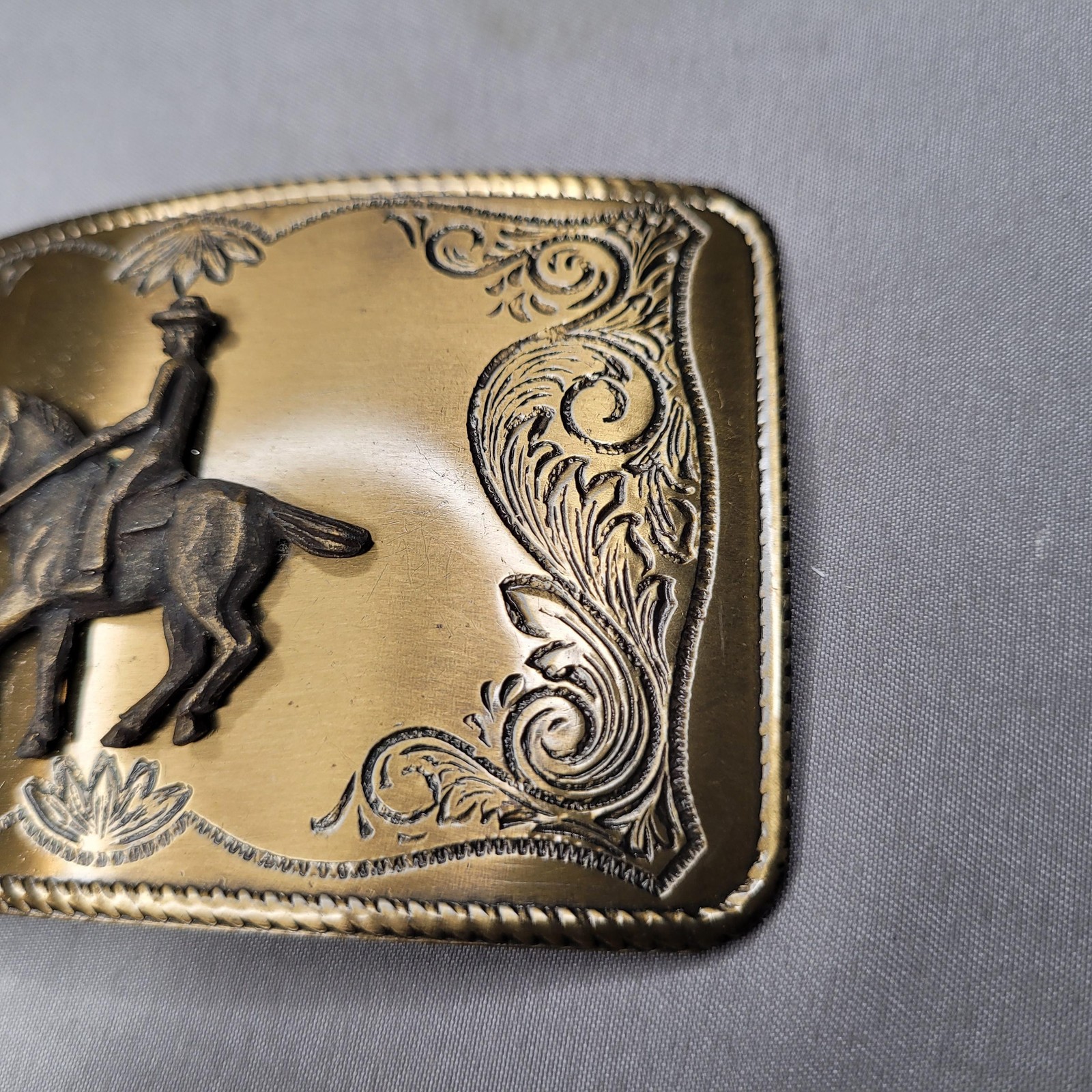 Horseback Rider Belt Buckle Mens One Size Gold Western Floral Cowboy Rectangular