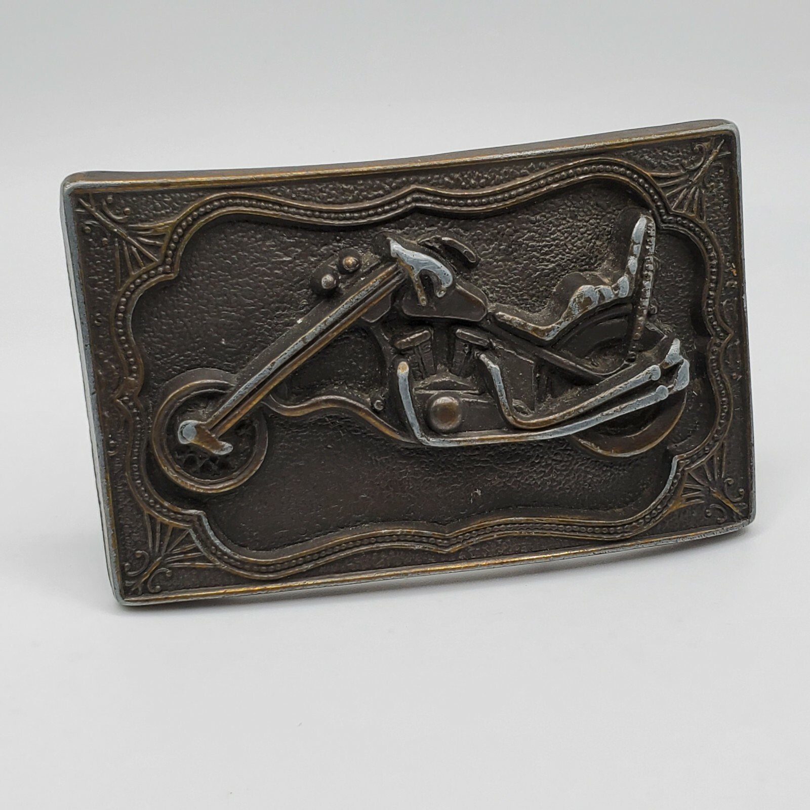 Brass Belt Buckle Motorcycle Biker Harley western rectangular 3&Prime; vintage dark