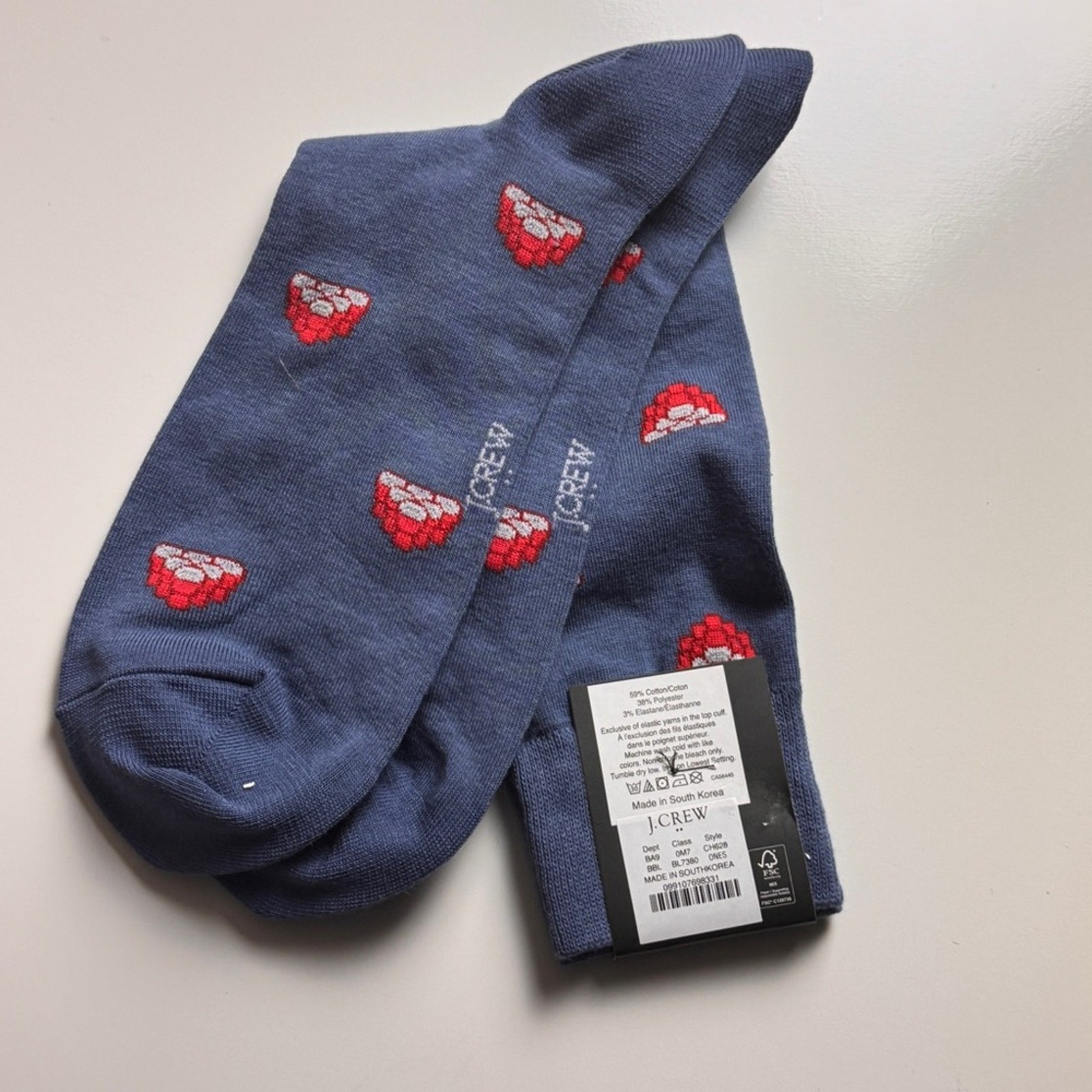 J. Crew Blue Socks with Red Cup Graphic Pattern Sz OS NWT