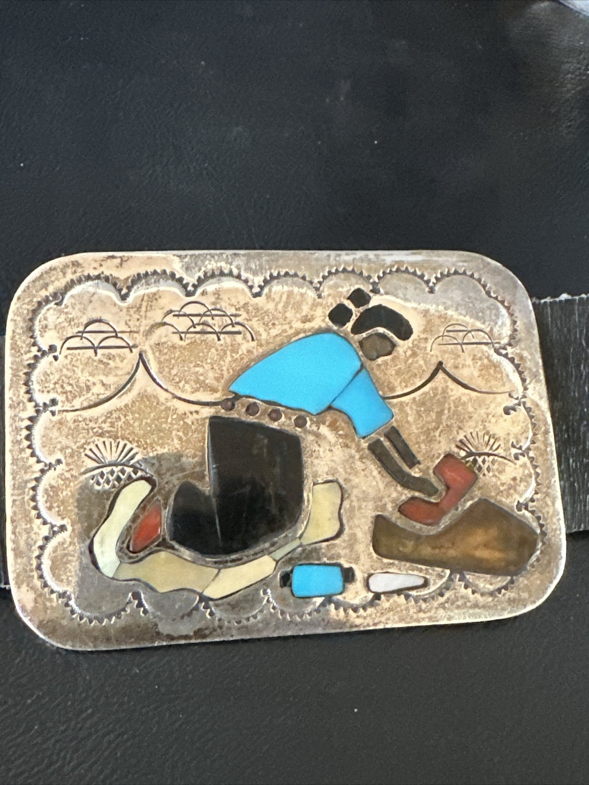 Turquoise Onyx Zuni Sterling Silver Sun Face Inlay Old Pawn Belt 40&Prime; 17406