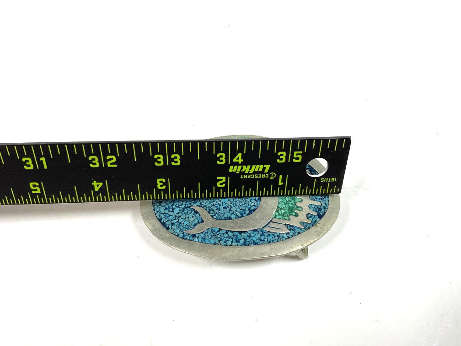 Vintage Belt Buckle Featuring A Marlin Design With Turquoise Mosaic Mexico