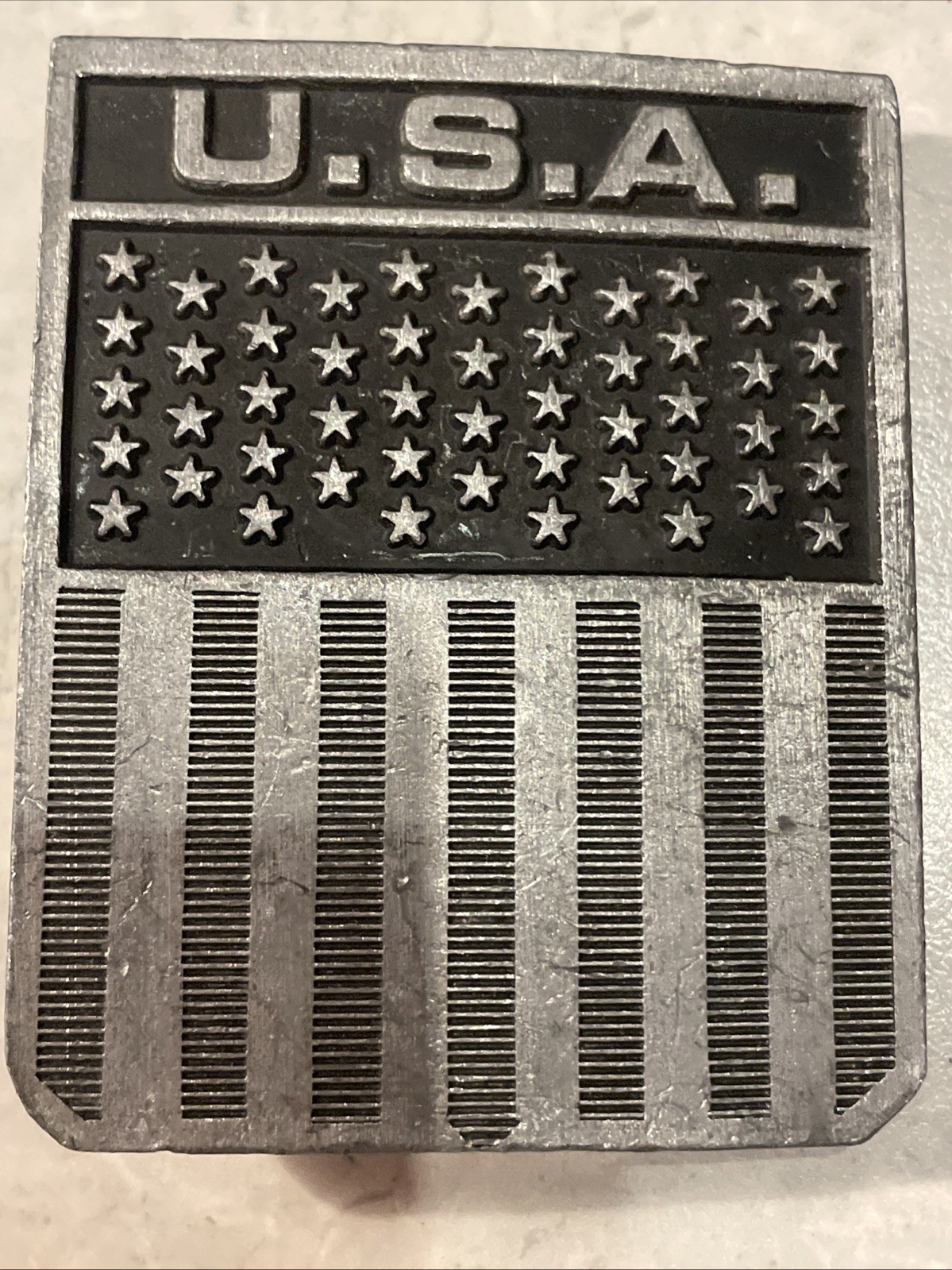 Vintage Belt Buckle American Flag Solid Pewter United States U.S.A. 2.75×2.25”