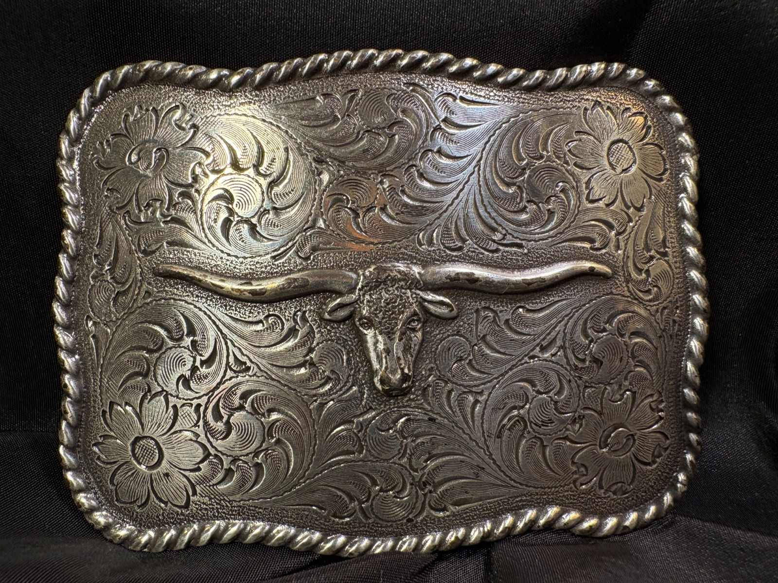 Nocona Longhorn Silver Tone Belt Buckle Etched, Roped Edge- REDUCED!
